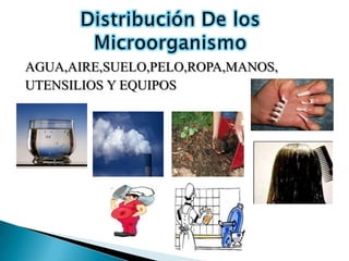AGUA,AIRE,SUELO,PELO,ROPA,MANOS,
UTENSILIOS Y EQUIPOS
 