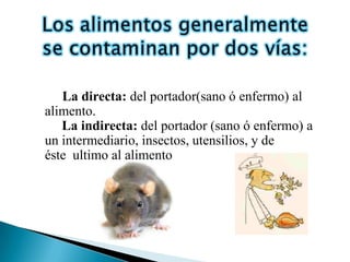 La directa: del portador(sano ó enfermo) al
alimento.
   La indirecta: del portador (sano ó enfermo) a
un intermediario, insectos, utensilios, y de
éste ultimo al alimento
 