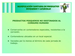 Manipulación Sanitaria de Productos  Pesqueros y Acuícolas PRODUCTOS PESQUEROS NO DESTINADOS AL CONSUMO HUMANO Conservarlos en contenedores especiales, resistentes a la corrosión. Contenedores ubicados en un local especial. Vaciados por lo menos al término de cada jornada de trabajo. 