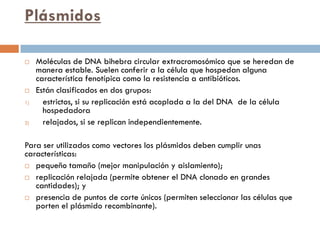 Plásmidos
 Moléculas de DNA bihebra circular extracromosómico que se heredan de
manera estable. Suelen conferir a la célula que hospedan alguna
característica fenotípica como la resistencia a antibióticos.
 Están clasificados en dos grupos:
1) estrictos, si su replicación está acoplada a la del DNA de la célula
hospedadora
2) relajados, si se replican independientemente.
Para ser utilizados como vectores los plásmidos deben cumplir unas
características:
 pequeño tamaño (mejor manipulación y aislamiento);
 replicación relajada (permite obtener el DNA clonado en grandes
cantidades); y
 presencia de puntos de corte únicos (permiten seleccionar las células que
porten el plásmido recombinante).
 