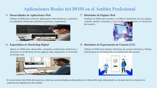 Aplicaciones Reales del DOM en el Ámbito Profesional
Desarrollador de Aplicaciones Web
Utilizan el DOM para construir aplicaciones web dinámicas y optimizar
la usabilidad, diseñando interfaces intuitivas y responsivas.
Diseñador de Páginas Web
Emplean el DOM para acceder y modificar elementos de una página,
creando diseños atractivos y funcionales que mejoran la interacción
del usuario.
Especialista en Marketing Digital
Aplican el DOM para desarrollar campañas publicitarias dinámicas y
optimizar el rendimiento de las páginas web, adaptando el contenido
en tiempo real.
Diseñador de Experiencias de Usuario (UX)
Utilizan el DOM para diseñar interfaces de usuario intuitivas y fluidas,
enfocándose en la interacción y la satisfacción del usuario.
El conocimiento del DOM abre puertas a diversas oportunidades profesionales en el desarrollo web, destacando su rol esencial en la creación de
experiencias digitales de alta calidad.
 