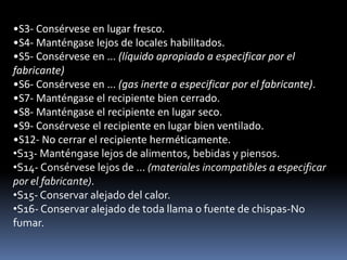 •S3- Consérvese en lugar fresco.
•S4- Manténgase lejos de locales habilitados.
•S5- Consérvese en ... (líquido apropiado a especificar por el
fabricante)
•S6- Consérvese en ... (gas inerte a especificar por el fabricante).
•S7- Manténgase el recipiente bien cerrado.
•S8- Manténgase el recipiente en lugar seco.
•S9- Consérvese el recipiente en lugar bien ventilado.
•S12- No cerrar el recipiente herméticamente.
•S13- Manténgase lejos de alimentos, bebidas y piensos.
•S14- Consérvese lejos de ... (materiales incompatibles a especificar
por el fabricante).
•S15- Conservar alejado del calor.
•S16- Conservar alejado de toda llama o fuente de chispas-No
fumar.
 