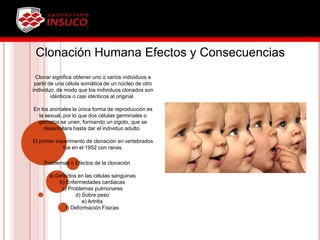 Clonación Humana Efectos y Consecuencias
Clonar significa obtener uno o varios individuos a
partir de una célula somática de un núcleo de otro
individuo, de modo que los individuos clonados son
idénticos o casi idénticos al original.
En los animales la única forma de reproducción es
la sexual, por lo que dos células germinales o
gametos se unen, formando un zigoto, que se
desarrollara hasta dar el individuo adulto.
El primer experimento de clonación en vertebrados
fue en el 1952 con ranas.
Problemas o Efectos de la clonación
a) Defectos en las células sanguinas
b) Enfermedades cardiacas
c) Problemas pulmonares
d) Sobre peso
e) Artritis
f) Deformación Físicas
 