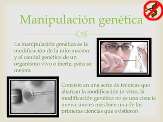 Manipulación genética
           
La manipulación genética es la
modificación de la información
y el caudal genético de un
organismo vivo o inerte, para su
mejora

                   Consiste en una serie de técnicas que
                   abarcan la modificación in vitro, la
                   modificación genética no es una ciencia
                   nueva sino es más bien una de las
                   primeras ciencias que existieron
 
