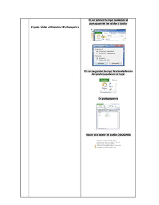 Copiar celdas utilizandoel Portapapeles
En un primer tiempo copiamos al
portapapeles las celdas a copiar
En un segundo tiempo las trasladamos
del portapapeles a la hoja:
En portapapeles
Hacer clic sobre el botón OBCIONES
 