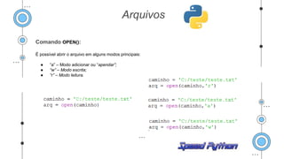 Comando OPEN():
É possível abrir o arquivo em alguns modos principais:
● “a” – Modo adicionar ou “apendar”;
● “w” – Modo escrita;
● “r” – Modo leitura.
Arquivos
 