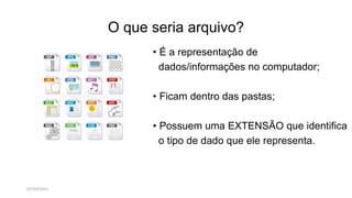 O que seria arquivo?
• É a representação de
dados/informações no computador;
• Ficam dentro das pastas;
• Possuem uma EXTENSÃO que identifica
o tipo de dado que ele representa.
07/10/2021
 