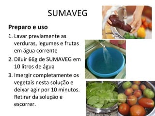 SUMAVEG
Preparo e uso
1. Lavar previamente as
verduras, legumes e frutas
em água corrente
2. Diluir 66g de SUMAVEG em
10 litros de água
3. Imergir completamente os
vegetais nesta solução e
deixar agir por 10 minutos.
Retirar da solução e
escorrer.

 