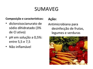 SUMAVEG
Composição e características:

• dicloroisocianurato de
sódio dihidratado (3%
de Cl ativo)
• pH em solução a 0,5%:
entre 5,5 e 7,5
• Não inflamável

Ação:
Antimicrobiana para
desinfecção de frutas,
legumes e verduras

 