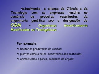 Actualmente, a aliança da Ciência e da
Tecnologia com as empresas resulta no
comércio     de  produtos    resultantes   da
engenharia genética sob a designação de
OGM        –    Organismos      Geneticamente
Modificados ou Transgénicos.



   Por exemplo:
    bactérias produtoras de vacinas;
    plantas como o milho, resistentes aos pesticidas;
    animais como o porco, doadores de órgãos.
 