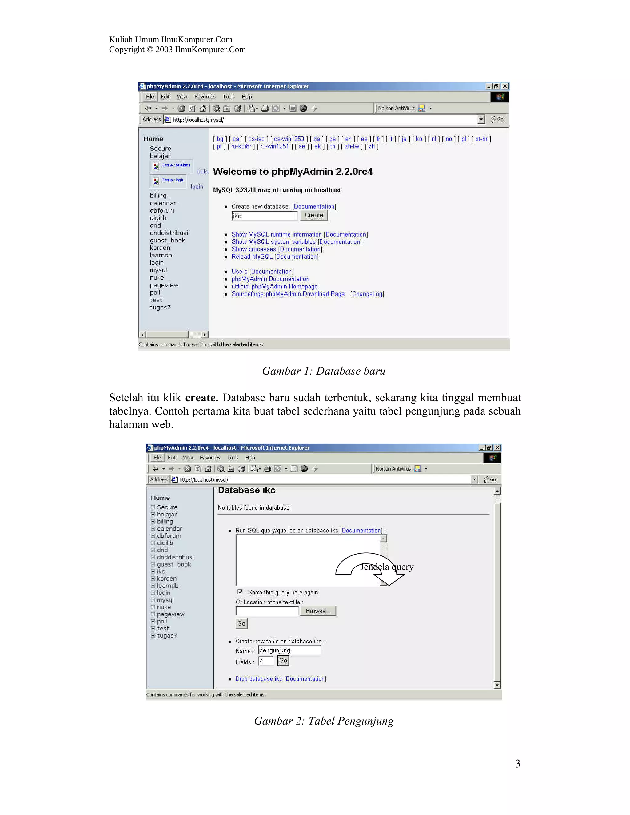 Kuliah Umum IlmuKomputer.Com Copyright © 2003 IlmuKomputer.Com 3 Gambar 1: Database baru Setelah itu klik create. Database baru sudah terbentuk, sekarang kita tinggal membuat tabelnya. Contoh pertama kita buat tabel sederhana yaitu tabel pengunjung pada sebuah halaman web. Gambar 2: Tabel Pengunjung Jendela query 