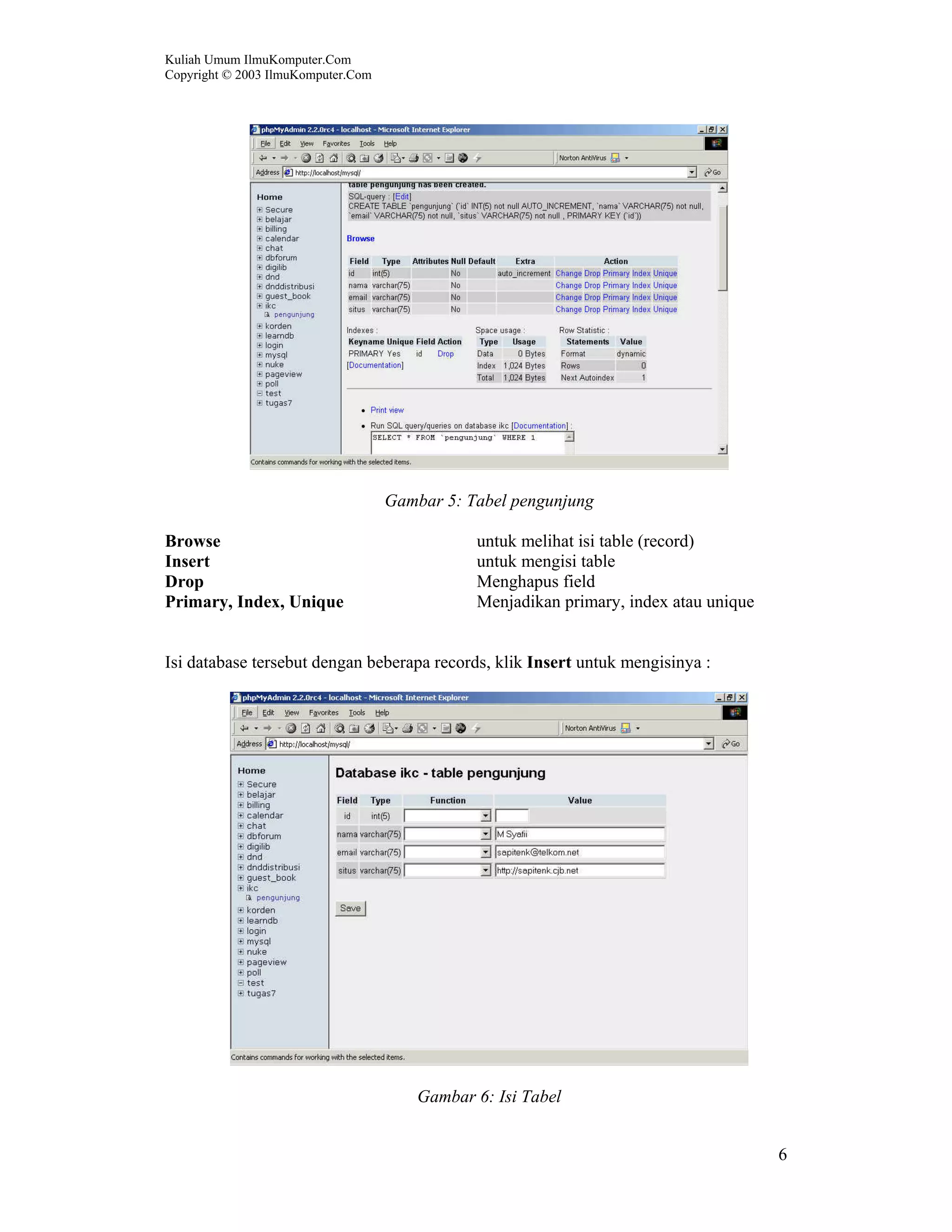 Kuliah Umum IlmuKomputer.Com Copyright © 2003 IlmuKomputer.Com 6 Gambar 5: Tabel pengunjung Browse untuk melihat isi table (record) Insert untuk mengisi table Drop Menghapus field Primary, Index, Unique Menjadikan primary, index atau unique Isi database tersebut dengan beberapa records, klik Insert untuk mengisinya : Gambar 6: Isi Tabel 