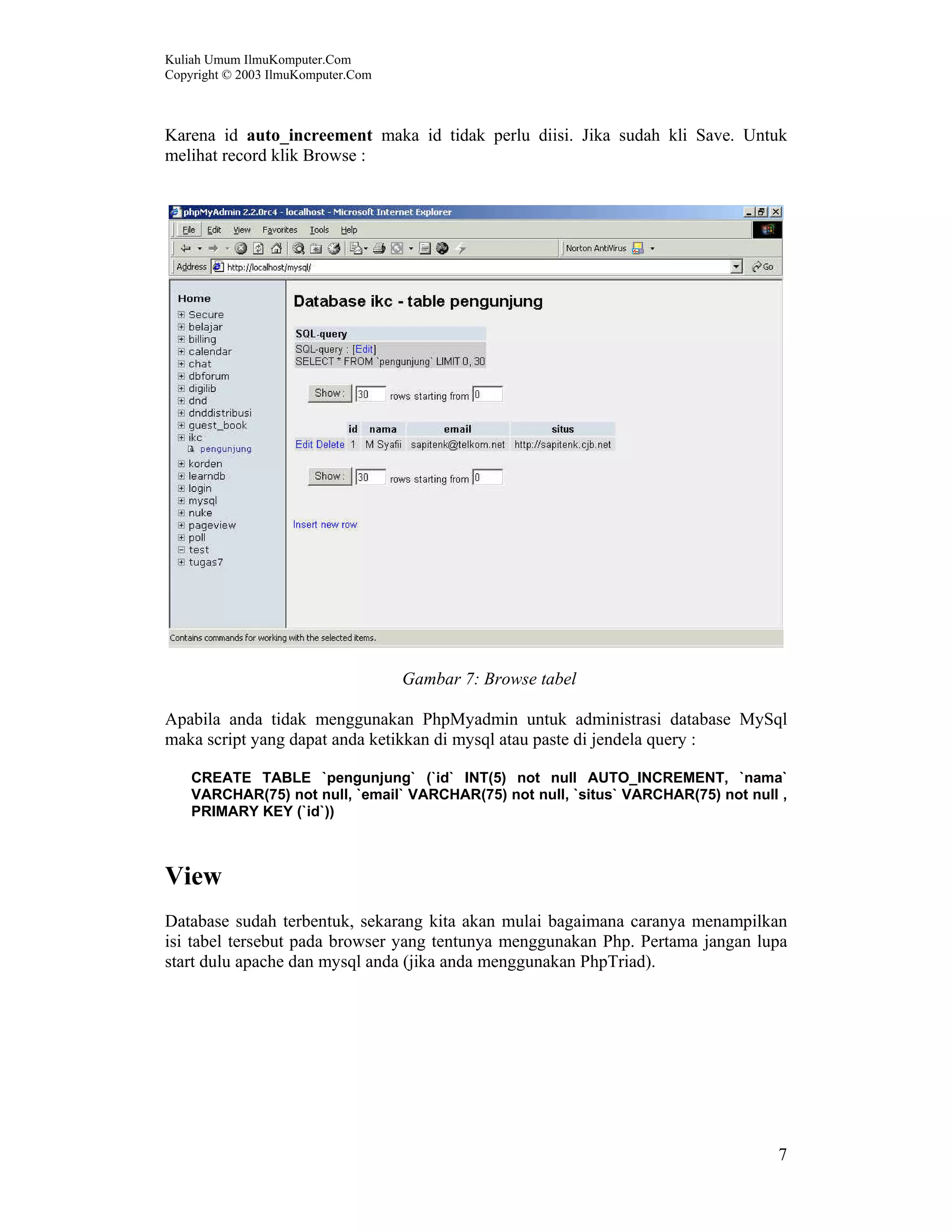 Kuliah Umum IlmuKomputer.Com Copyright © 2003 IlmuKomputer.Com 7 Karena id auto_increement maka id tidak perlu diisi. Jika sudah kli Save. Untuk melihat record klik Browse : Gambar 7: Browse tabel Apabila anda tidak menggunakan PhpMyadmin untuk administrasi database MySql maka script yang dapat anda ketikkan di mysql atau paste di jendela query : CREATE TABLE `pengunjung` (`id` INT(5) not null AUTO_INCREMENT, `nama` VARCHAR(75) not null, `email` VARCHAR(75) not null, `situs` VARCHAR(75) not null , PRIMARY KEY (`id`)) View Database sudah terbentuk, sekarang kita akan mulai bagaimana caranya menampilkan isi tabel tersebut pada browser yang tentunya menggunakan Php. Pertama jangan lupa start dulu apache dan mysql anda (jika anda menggunakan PhpTriad). 
