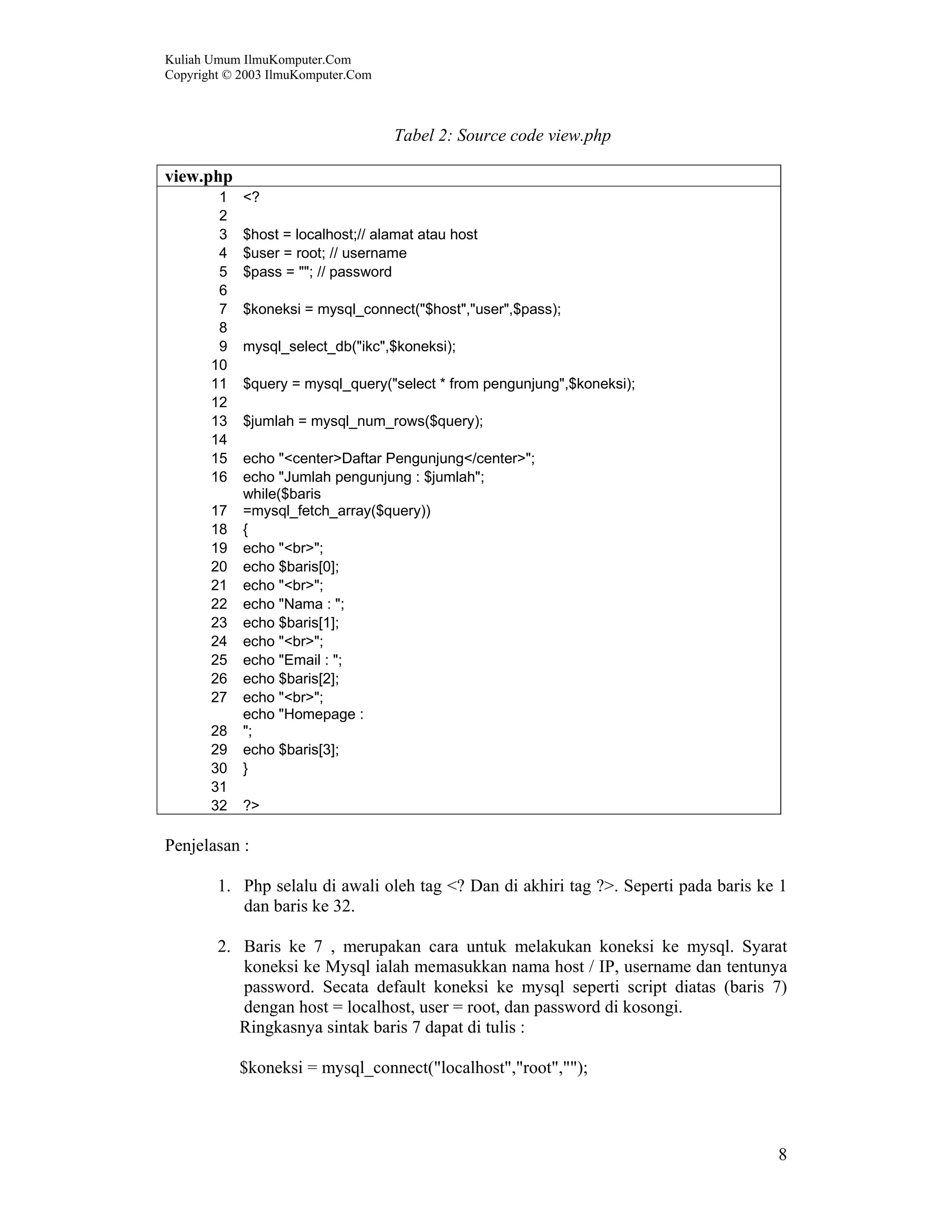 Kuliah Umum IlmuKomputer.Com Copyright © 2003 IlmuKomputer.Com 8 Tabel 2: Source code view.php view.php 1 <? 2 3 $host = localhost;// alamat atau host 4 $user = root; // username 5 $pass = ""; // password 6 7 $koneksi = mysql_connect("$host","user",$pass); 8 9 mysql_select_db("ikc",$koneksi); 10 11 $query = mysql_query("select * from pengunjung",$koneksi); 12 13 $jumlah = mysql_num_rows($query); 14 15 echo "<center>Daftar Pengunjung</center>"; 16 echo "Jumlah pengunjung : $jumlah"; 17 while($baris =mysql_fetch_array($query)) 18 { 19 echo "<br>"; 20 echo $baris[0]; 21 echo "<br>"; 22 echo "Nama : "; 23 echo $baris[1]; 24 echo "<br>"; 25 echo "Email : "; 26 echo $baris[2]; 27 echo "<br>"; 28 echo "Homepage : "; 29 echo $baris[3]; 30 } 31 32 ?> Penjelasan : 1. Php selalu di awali oleh tag <? Dan di akhiri tag ?>. Seperti pada baris ke 1 dan baris ke 32. 2. Baris ke 7 , merupakan cara untuk melakukan koneksi ke mysql. Syarat koneksi ke Mysql ialah memasukkan nama host / IP, username dan tentunya password. Secata default koneksi ke mysql seperti script diatas (baris 7) dengan host = localhost, user = root, dan password di kosongi. Ringkasnya sintak baris 7 dapat di tulis : $koneksi = mysql_connect("localhost","root",""); 