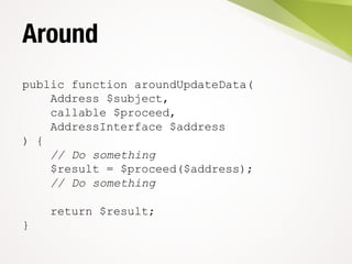 Around
public function aroundUpdateData(
Address $subject,
callable $proceed,
AddressInterface $address
) {
// Do something
$result = $proceed($address);
// Do something
return $result;
}
 