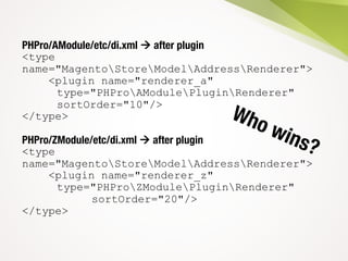 PHPro/AModule/etc/di.xml à after plugin
<type
name="MagentoStoreModelAddressRenderer">
<plugin name="renderer_a"
type="PHP...
