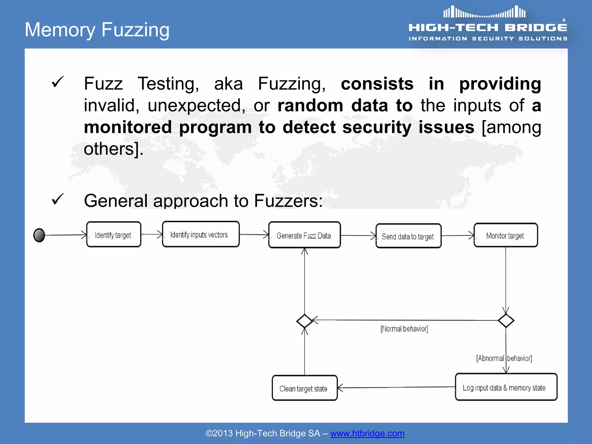 Memory Fuzzing

     Fuzz Testing, aka Fuzzing, consists in providing
      invalid, unexpected, or random data to the inputs of a
      monitored program to detect security issues [among
      others].

     General approach to Fuzzers:




                    ©2013 High-Tech Bridge SA – www.htbridge.com
 