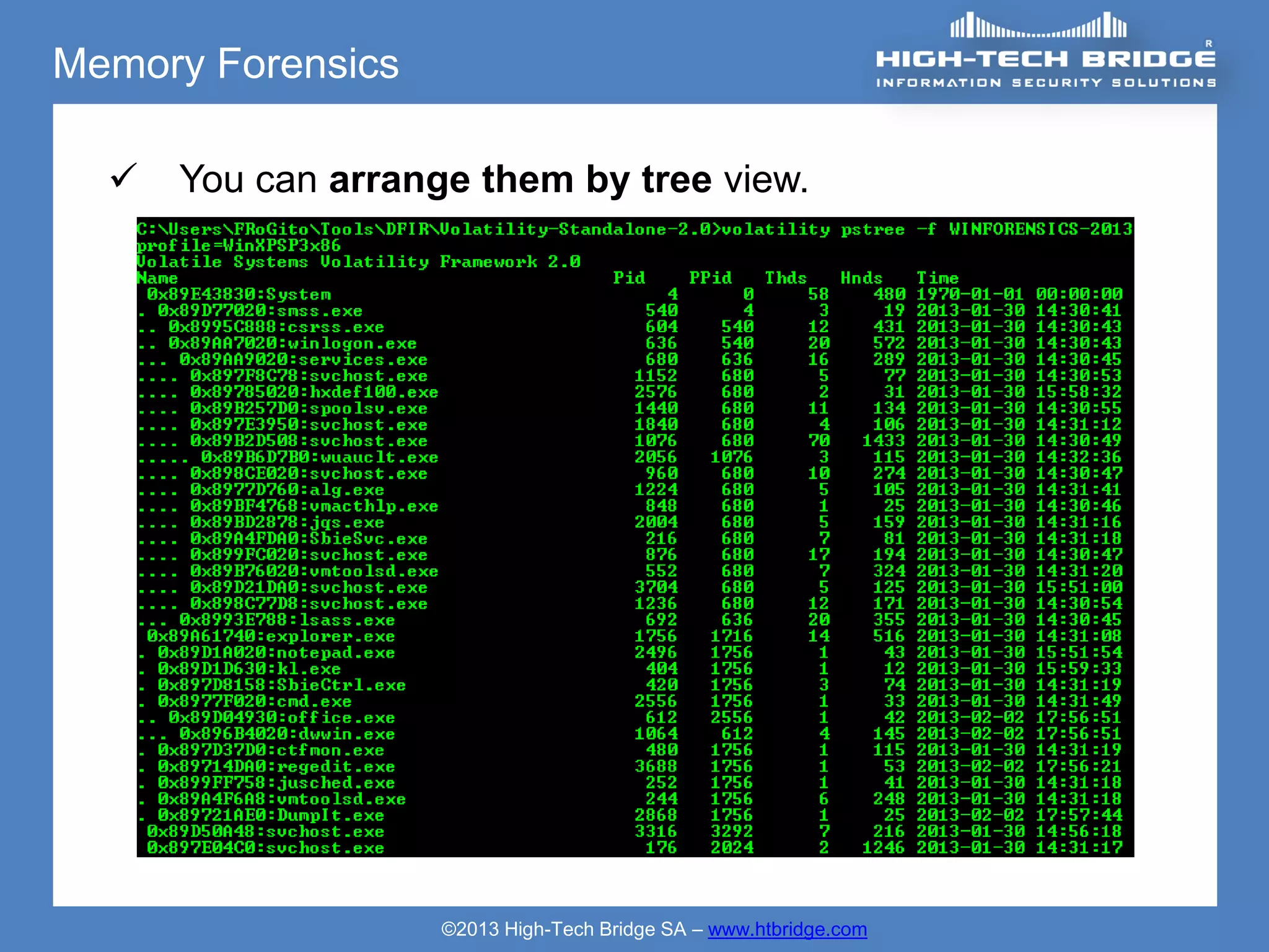 Memory Forensics

     You can arrange them by tree view.




                    ©2013 High-Tech Bridge SA – www.htbridge.com
 