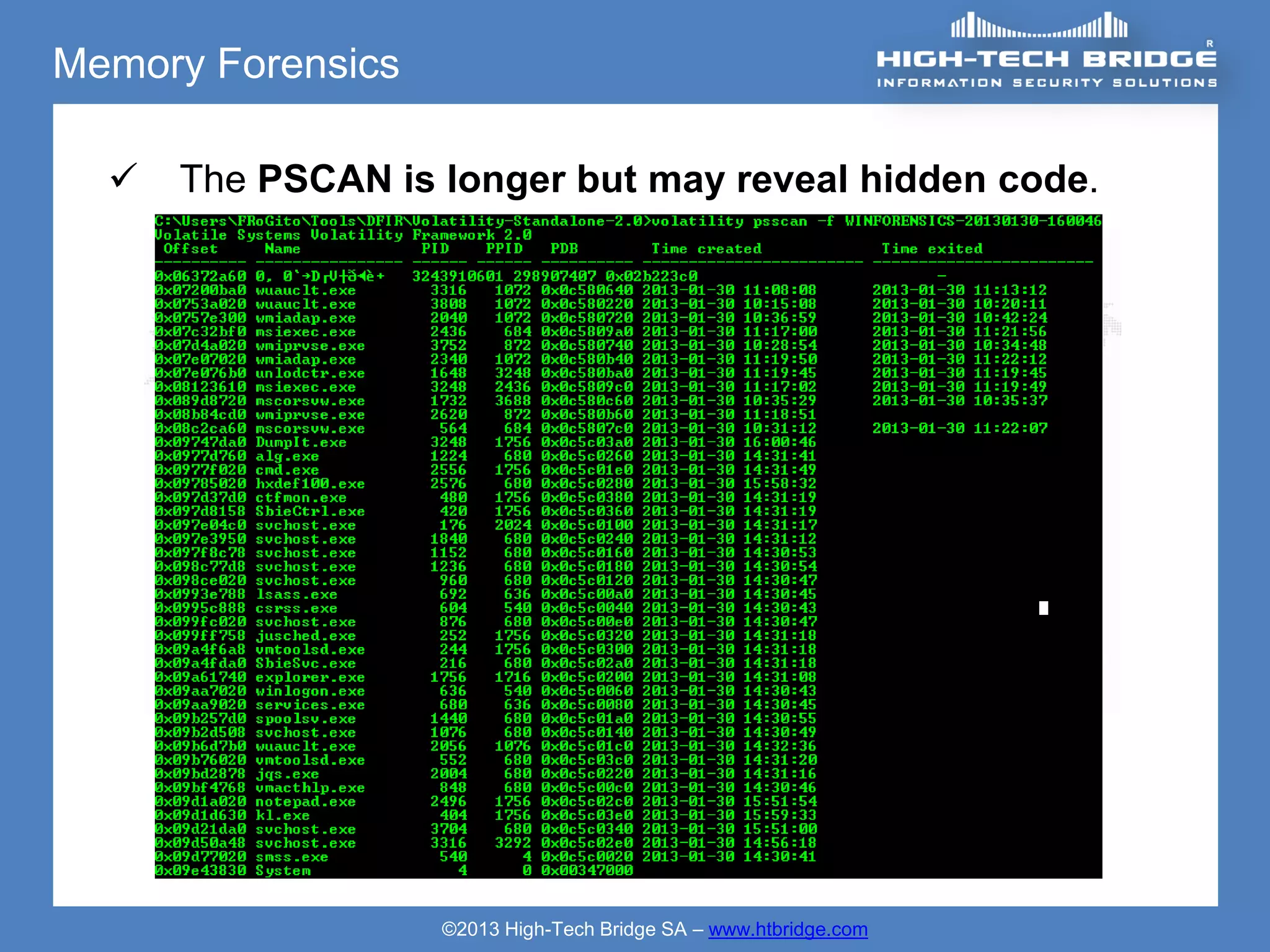 Memory Forensics

     The PSCAN is longer but may reveal hidden code.




                   ©2013 High-Tech Bridge SA – www.htbridge.com
 