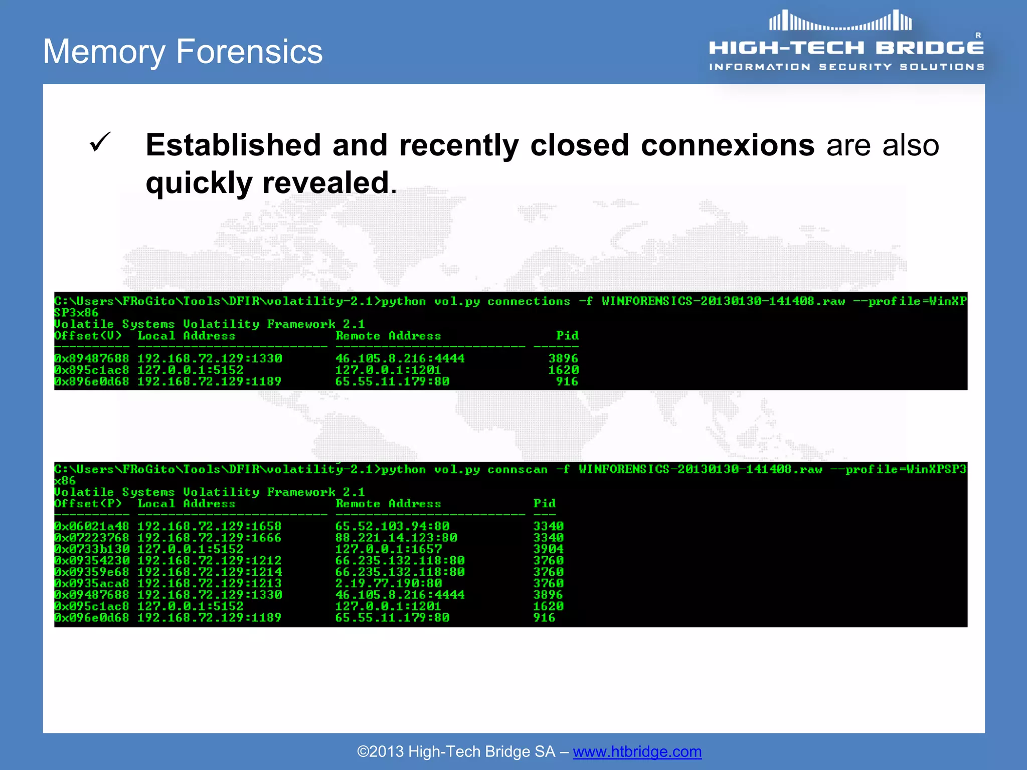 Memory Forensics

     Established and recently closed connexions are also
      quickly revealed.




                   ©2013 High-Tech Bridge SA – www.htbridge.com
 