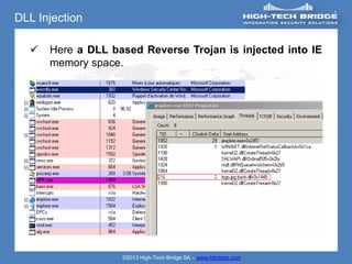 DLL Injection

     Here a DLL based Reverse Trojan is injected into IE
      memory space.




                   ©2013 High-Tech Bridge SA – www.htbridge.com
 