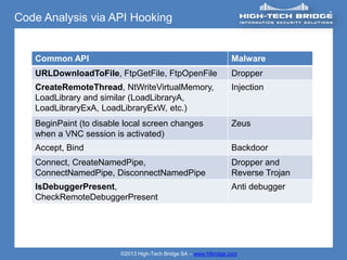 Code Analysis via API Hooking


   Common API                                                    Malware
   URLDownloadToFile, FtpGetFile, FtpOpenFile                    Dropper
   CreateRemoteThread, NtWriteVirtualMemory,                     Injection
   LoadLibrary and similar (LoadLibraryA,
   LoadLibraryExA, LoadLibraryExW, etc.)
   BeginPaint (to disable local screen changes                   Zeus
   when a VNC session is activated)
   Accept, Bind                                                  Backdoor
   Connect, CreateNamedPipe,                                     Dropper and
   ConnectNamedPipe, DisconnectNamedPipe                         Reverse Trojan
   IsDebuggerPresent,                                            Anti debugger
   CheckRemoteDebuggerPresent




                        ©2013 High-Tech Bridge SA – www.htbridge.com
 