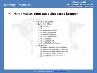 Memory Forensics

     Here it was an obfuscated .Net based Dropper.




                   ©2013 High-Tech Bridge SA – www.htbridge.com
 