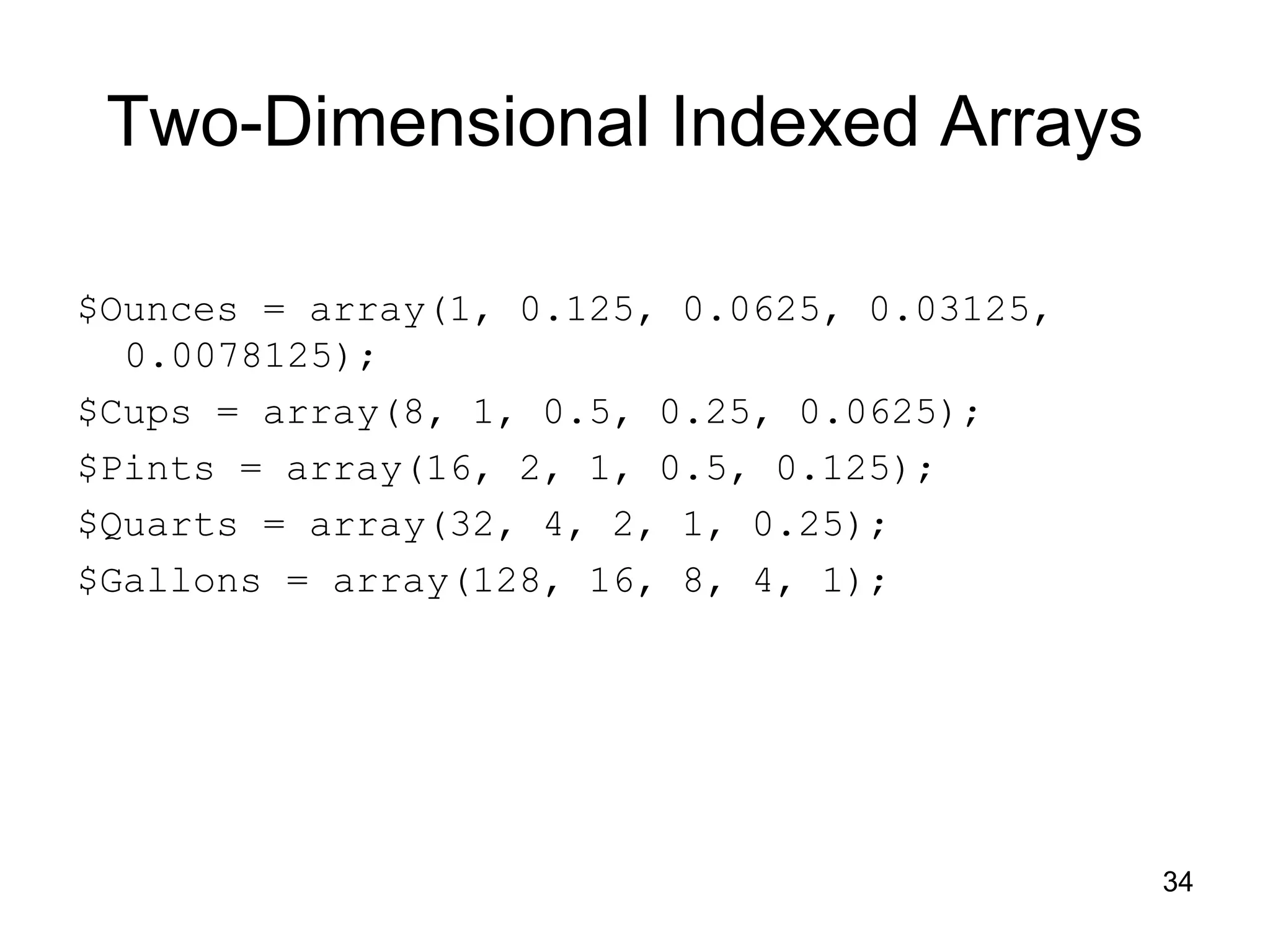 34 Two-Dimensional Indexed Arrays $Ounces = array(1, 0.125, 0.0625, 0.03125, 0.0078125); $Cups = array(8, 1, 0.5, 0.25, 0.0625); $Pints = array(16, 2, 1, 0.5, 0.125); $Quarts = array(32, 4, 2, 1, 0.25); $Gallons = array(128, 16, 8, 4, 1); 