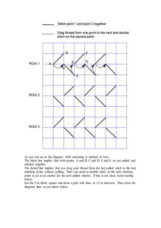 As you can see in the diagram, shell smocking is stitched in rows.
The black line implies that both points, A and B, C and D, E and F, etc are pulled and
stitched together.
The dotted line implies that you drag your thread from the last pulled stitch to the next
stitching point, without pulling. Then you need to double stitch on the next stitching
point to act as an anchor for the next pulled stitches. If this is not clear, keep reading
below.
Get the 9 in fabric square and draw a grid with lines at 1/2 in intervals. Then draw the
diagonal lines as per photo below.
 