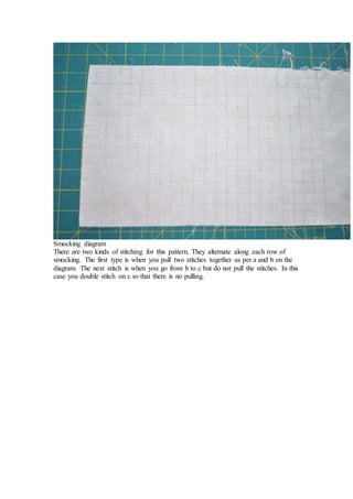 Smocking diagram
There are two kinds of stitching for this pattern. They alternate along each row of
smocking. The first type is when you pull two stitches together as per a and b on the
diagram. The next stitch is when you go from b to c but do not pull the stitches. In this
case you double stitch on c so that there is no pulling.
 