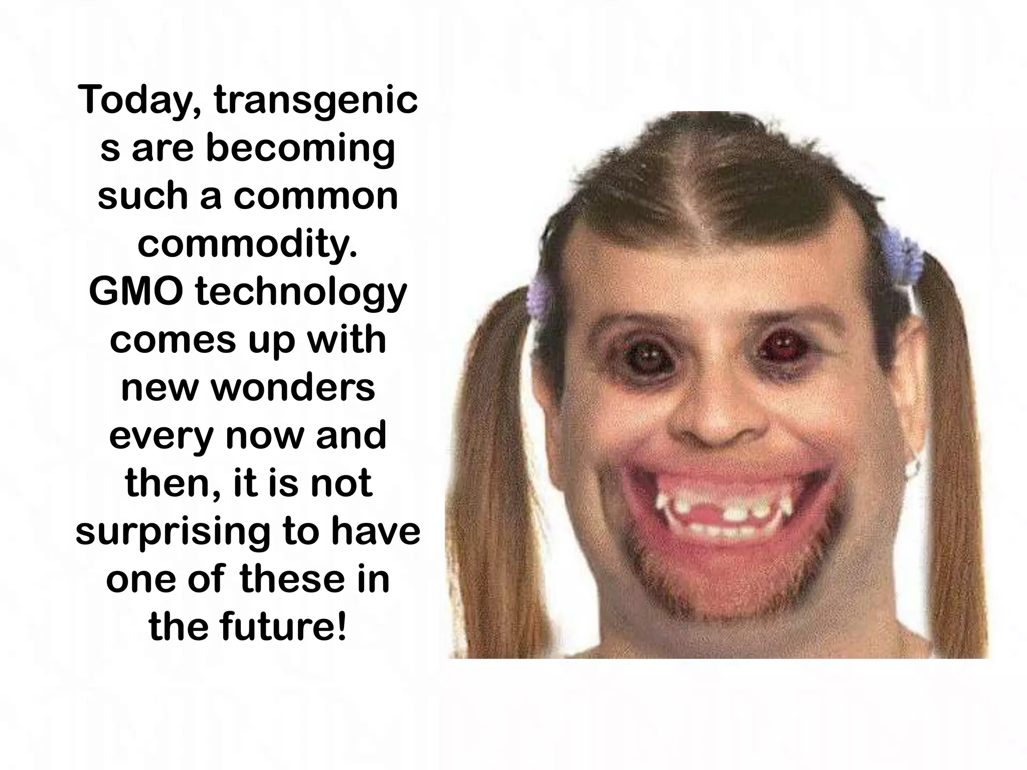 Today, transgenic
 s are becoming
 such a common
    commodity.
 GMO technology
  comes up with
   new wonders
  every now and
   then, it is not
surprising to have
  one of these in
    the future!
 