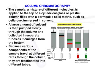 COLUMN CHROMATOGRAPHY
• The sample, a mixture of different molecules, is
  applied to the top of a cylindrical glass or plastic
  column filled with a permeable solid matrix, such as
  cellulose, immersed in solvent.
• A large amount of solvent
  is then pumped slowly
  through the column and
  collected in separate
  tubes as it emerges from
  the bottom.
• Because various
  components of the
  sample travel at different
  rates through the column,
  they are fractionated into
  different tubes.
 
