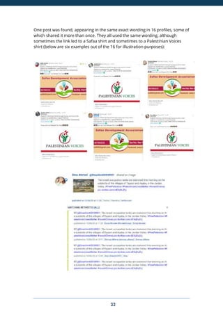 33
One post was found, appearing in the same exact wording in 16 profiles, some of
which shared it more than once. They all used the same wording, although
sometimes the link led to a Safaa shirt and sometimes to a Palestinian Voices
shirt (below are six examples out of the 16 for illustration purposes):
 