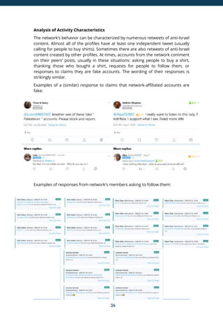 34
Analysis of Activity Characteristics
The network’s behavior can be characterized by numerous retweets of anti-Israel
content. Almost all of the profiles have at least one independent tweet (usually
calling for people to buy shirts). Sometimes there are also retweets of anti-Israel
content created by other profiles. At times, accounts from the network comment
on their peers’ posts, usually in these situations: asking people to buy a shirt,
thanking those who bought a shirt, requests for people to follow them, or
responses to claims they are fake accounts. The wording of their responses is
strikingly similar.
Examples of a (similar) response to claims that network-affiliated accounts are
fake:
Examples of responses from network's members asking to follow them:
 
