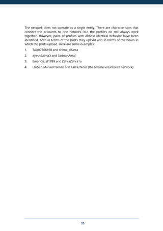 35
The network does not operate as a single entity. There are characteristics that
connect the accounts to one network, but the profiles do not always work
together. However, pairs of profiles with almost identical behavior have been
identified, both in terms of the posts they upload and in terms of the hours in
which the posts upload. Here are some examples:
1. Tala07866168 and shima_alfarra
2. ayeshSalma3 and 3adnanAmal
3. EmanGazal1999 and ZahraZahra1a
4. Ltobaz, MariamToman and Farra2Noor (the female volunteers’ network)
 