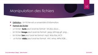 Manipulation des fichiers 
 DDééffiinniittiioonn: Un fichier est un ensemble d’information. 
 FFoorrmmaatt ddee ffiicchhiieerr: 
- un fichier tteexxttee peut avoir les format : txt,doc,docx… 
- Un fichier iimmaaggee peut avoir les format: jpeg, bitmap,gif, png… 
- Un fichier SSoonn peut avoir les format: mp3, Wav,flac,AC3 
- un fichier vviiddééoo peut avoir les format: AVI, wma, MP4,VOB… 
10 
Cours informatique College Saber Houatmi 05/10/2014 
 