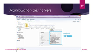 Manipulation des fichiers 
12 
Cours informatique College Saber Houatmi 05/10/2014 
 