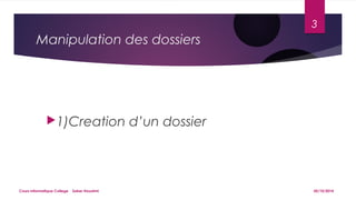Manipulation des dossiers 
1)Creation d’un dossier 
3 
Cours informatique College Saber Houatmi 05/10/2014 
 