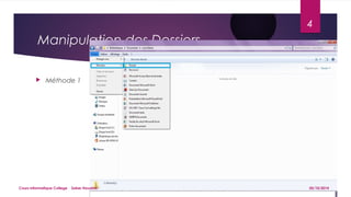 Manipulation des Dossiers 
 Méthode 1 
4 
Cours informatique College Saber Houatmi 05/10/2014 
 