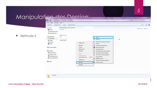 Manipulation des Dossiers 
 Méthode 2 
5 
Cours informatique College Saber Houatmi 05/10/2014 
 