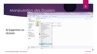 Manipulation des Dossiers 
3) Supprimer un 
dossier 
8 
Cours informatique College Saber Houatmi 05/10/2014 
 