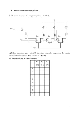 II    Compteur-décompteur asynchrone:


Soit le schéma ci-dessous d'un compteur asynchrone Modulo 8 :




a)Réaliser le montage après avoir établi le repérage des entrées et des sorties des bascules
on vous réferants aux data sheet associer du 74HC107
b)Completer la table de vérité ci-dessous :
                                        D1      D2     D3

                                        (22)    (21)   (20)

                                  0

                                  1

                                  2

                                  3

                                  4

                                  5

                                  6

                                  7




                                                                                          4
 