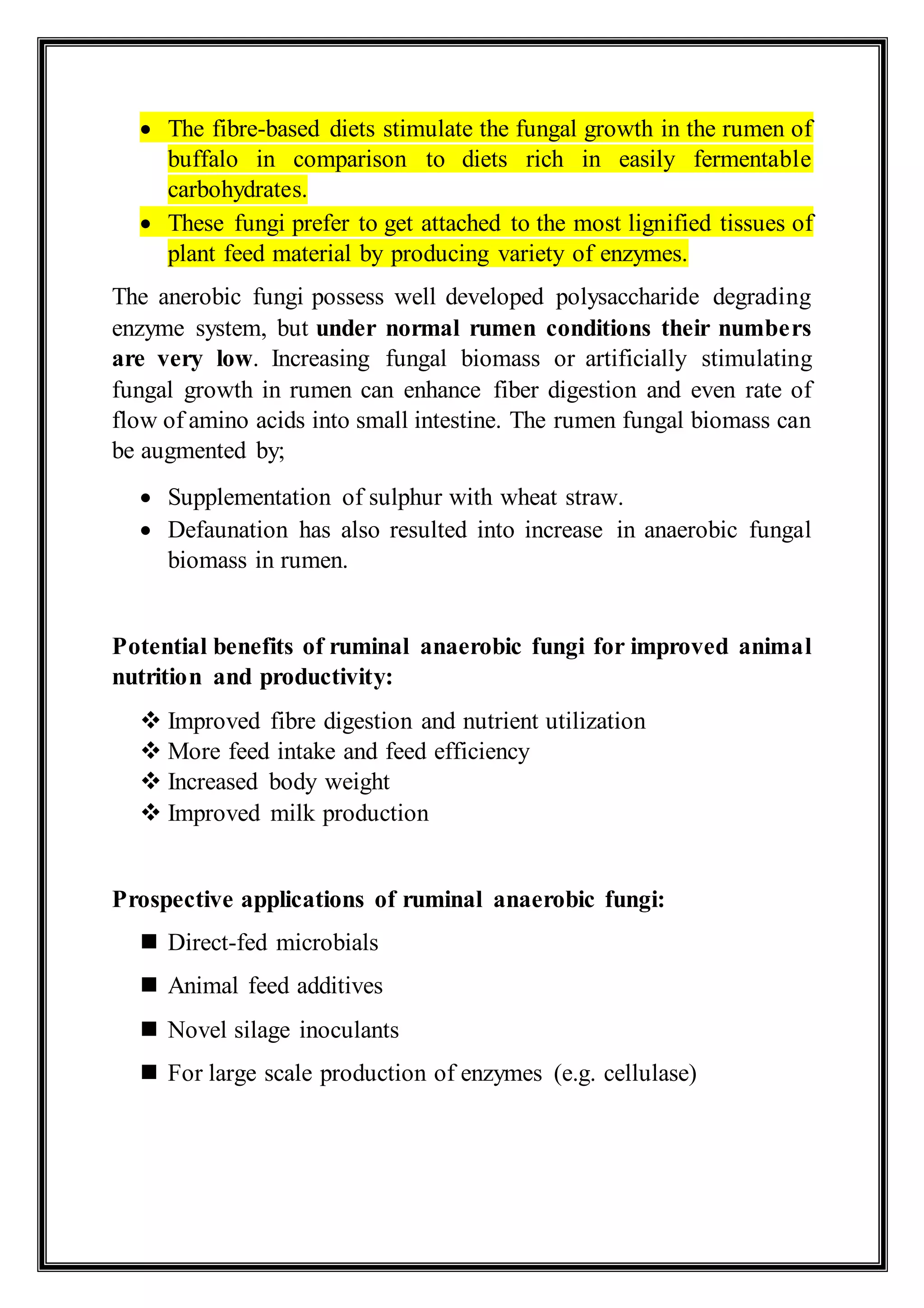  The fibre-based diets stimulate the fungal growth in the rumen of
buffalo in comparison to diets rich in easily fermentable
carbohydrates.
 These fungi prefer to get attached to the most lignified tissues of
plant feed material by producing variety of enzymes.
The anerobic fungi possess well developed polysaccharide degrading
enzyme system, but under normal rumen conditions their numbers
are very low. Increasing fungal biomass or artificially stimulating
fungal growth in rumen can enhance fiber digestion and even rate of
flow of amino acids into small intestine. The rumen fungal biomass can
be augmented by;
 Supplementation of sulphur with wheat straw.
 Defaunation has also resulted into increase in anaerobic fungal
biomass in rumen.
Potential benefits of ruminal anaerobic fungi for improved animal
nutrition and productivity:
 Improved fibre digestion and nutrient utilization
 More feed intake and feed efficiency
 Increased body weight
 Improved milk production
Prospective applications of ruminal anaerobic fungi:
 Direct-fed microbials
 Animal feed additives
 Novel silage inoculants
 For large scale production of enzymes (e.g. cellulase)
 