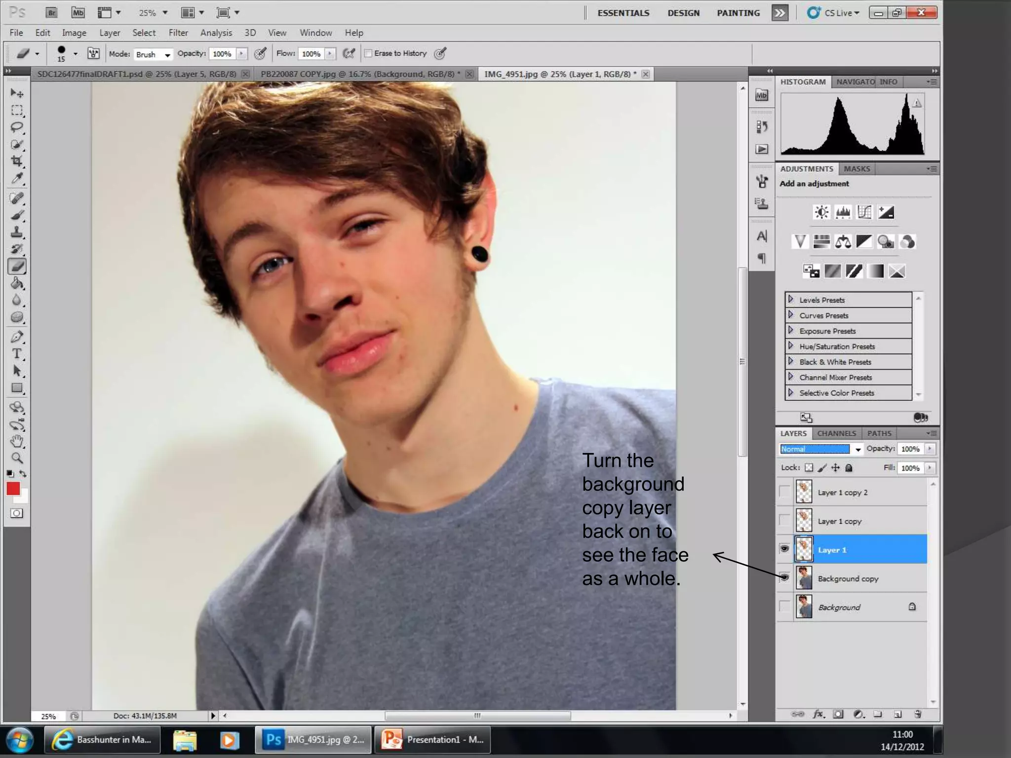 Turn the
background
copy layer
back on to
see the face
as a whole.
 
