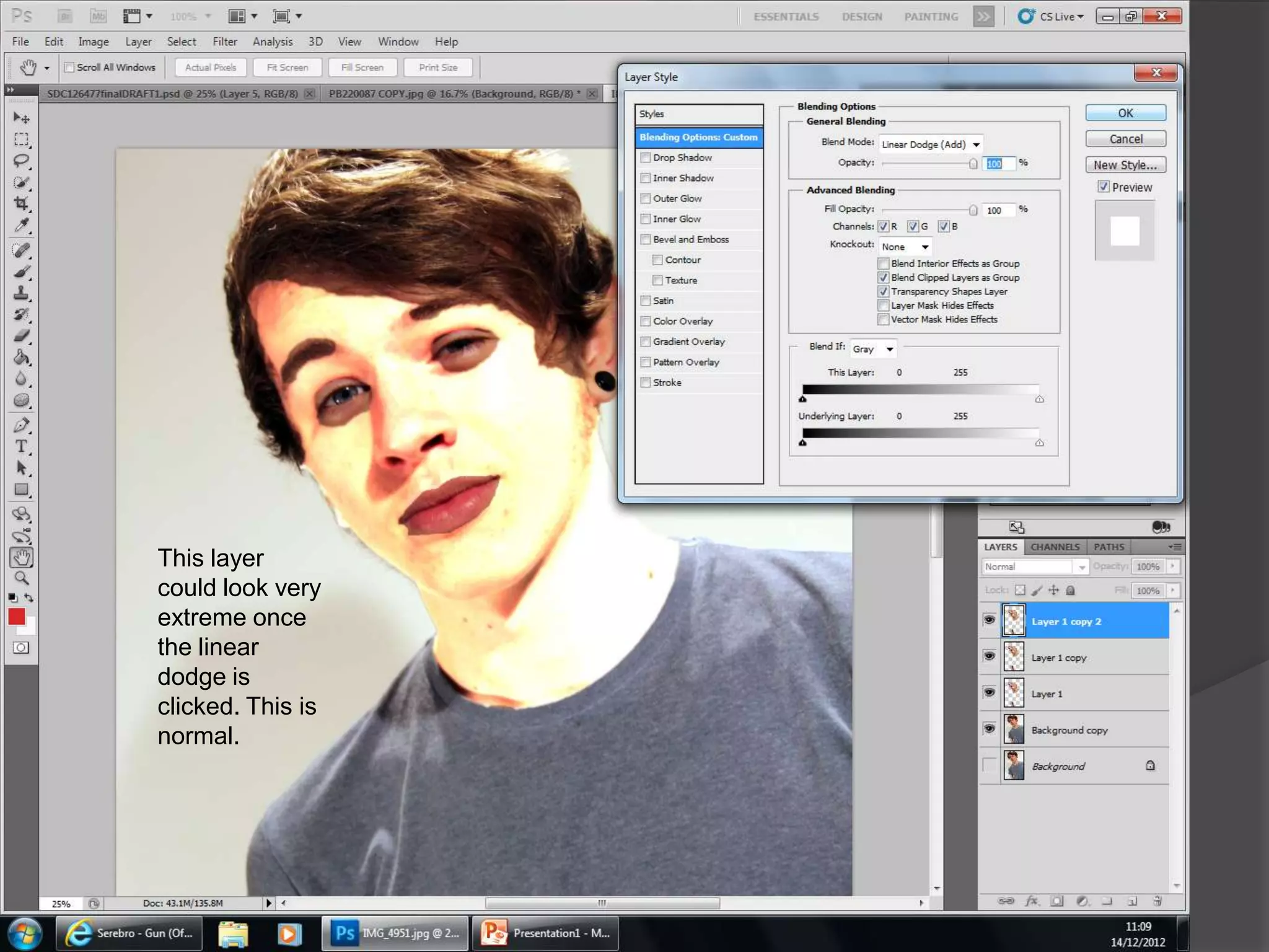 This layer
could look very
extreme once
the linear
dodge is
clicked. This is
normal.
 