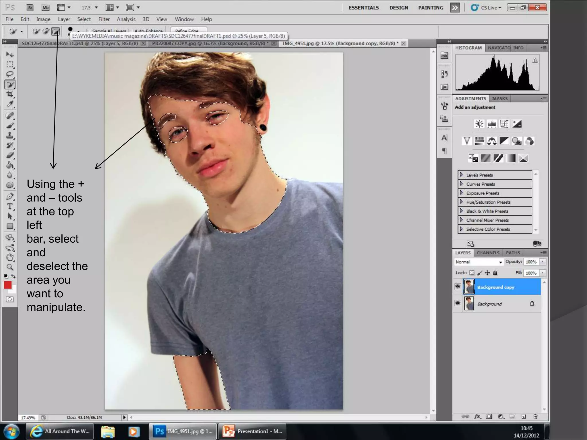 Using the +
and – tools
at the top
left
bar, select
and
deselect the
area you
want to
manipulate.
 
