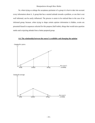 Manipulation through Mass Media

       So, when trying so enlarge the acceptance perimeter of a group it is best to take into account

every information about it. A group that has a neutral attitude towards a problem, or one that is not

well informed, can be easily influenced. The process is easier to be realized than in the case of an

informed group, because ,when trying to shape certain opinion information is hidden, events are

presented biased in sequences selected for this purpose (half truths), things that would raise question

marks and a rejecting attitude from a better prepared group.



       4.4. The relationship between the source’s credibility and changing the opinion




                                                - 16 -
 