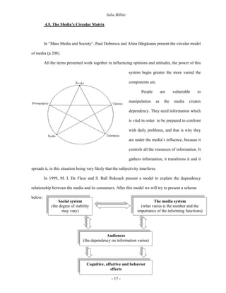 Iulia Bîlbîe

         4.5. The Media’s Circular Matrix



         In “Mass Media and Society“, Paul Dobrescu and Alina Bârgăoanu present the circular model

of media (p 208).

         All the items presented work together in influencing opinions and attitudes, the power of this

                                                               system begin greater the more varied the

                                                               components are.

                                                                       People        are     vulnerable    to

                                                               manipulation     as     the   media    creates

                                                               dependency. They need information which

                                                               is vital in order to be prepared to confront

                                                               with daily problems, and that is why they

                                                               are under the media’s influence, because it

                                                               controls all the resources of information. It

                                                               gathers information, it transforms it and it

spreads it, in this situation being very likely that the subjectivity interferes.

         In 1999, M. I. De Fleur and S. Ball Rokeach present a model to explain the dependency

relationship between the media and its consumers. After this model we will try to present a scheme

below:
                 Social system                                               The media system
             (the degree of stability                                 (what varies is the number and the
                   may vary)                                        importance of the informing functions)




                                              Audiences
                                 (the dependency on information varies)




                                   Cognitive, affective and behavior
                                                 effects

                                                    - 17 -
 