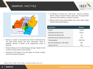 For updated information, please visit www.ibef.orgMANIPUR5
MANIPUR - FACT FILE
Source: Ministry of Health & Family Welfare, Government of Manipur Census 2011
 Manipur is situated in the eastern-most corner of Northeast India.
The state shares borders with other north-eastern states of
Nagaland, Mizoram & Assam & the neighbouring country of
Myanmar.
 Meiteilon (Manipuri) is the state language, although, English & Hindi
are also commonly used for communication.
 Depending on the altitude of the hill ranges, the climatic condition
varies from tropical to sub-alpine.
 The Manipur river basin has 7 major rivers – Imphal, Iril, Nambul,
Sekmai, Chakpi, Thoubal & Khuga. Loktak Lake, the largest fresh-
water lake in the Northeast, is situated in the state.
 Different ethnic groups include Meetei, Kuki, Hmar, Naga, Pangal,
Gorkhali & Bishnupriya Manipuri.
Parameters Manipur
Capital Imphal
Geographical area (sq km) 22,327
Administrative districts (No) 16
Population density (persons per sq km) 128
Total population 2,855,794
Sex ratio (females per 1,000 males) 985
Literacy rate (%) 76.9
 
