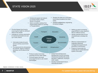 For updated information, please visit www.ibef.orgMANIPUR7
STATE VISION 2025
Industries
 Setting up export processing
zones (EPZs) in every district &
SEZ for different sectors.
 Identify potential areas & form
industrial hubs to develop the
area.
Agriculture
 Produce surplus rice & stop
importing rice from other states.
 Promote organic farming &
encourage farmers to use modern
technologies.
Transport
 Introduce & expand rail network
to connect Imphal, Jiribam,
Moreh & Guwahati.
 Build a tunnelled roadway from
Imphal railway station to Lamding
in Thoubal district.
Infrastructure
Education
Health
 Develop the state as an education
hub & attract students from other
states.
 Establish polytechnics, engineering
& medical colleges.
 Provide disease free living by
improving the health & nutritional
status of the people.
 Institutes for nursing, paramedics
& medical technicians to be set
up in every district.
 Create Rural Infrastructure
Development Fund for providing
infrastructure facilities like power,
education, healthcare, housing &
water supply.
 Develop Imphal airport into an
international airport.
Vision
2025
Source: Confederation of Indian Industry
EnvironmentsTourism
 Effective implementation of
integrated watershed
management programmes &
prevention of soil erosion.
 Preserve & rejuvenate the
Loktak lake for sustainable eco-
system of the state.
 Information kiosks & tourist
service centres at prominent
places.
 Promote tourism by showcasing
the wild life, religious traditions,
adventure, art & culture of the
state.
 